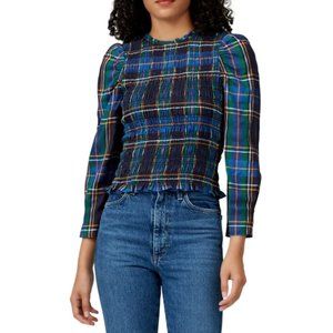 Tanya Taylor Katherine Blue and Green Plaid Cotton Poplin Smocked Blouse Size XS